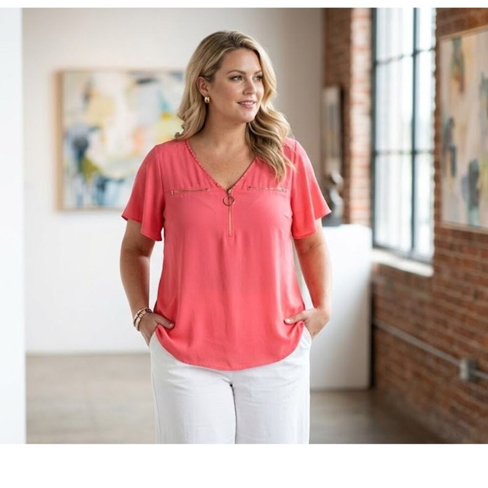 Tempted Hearts Los Angeles Pink Zipper V-Neck Blouse Size 1X 23"armpit T Armpit